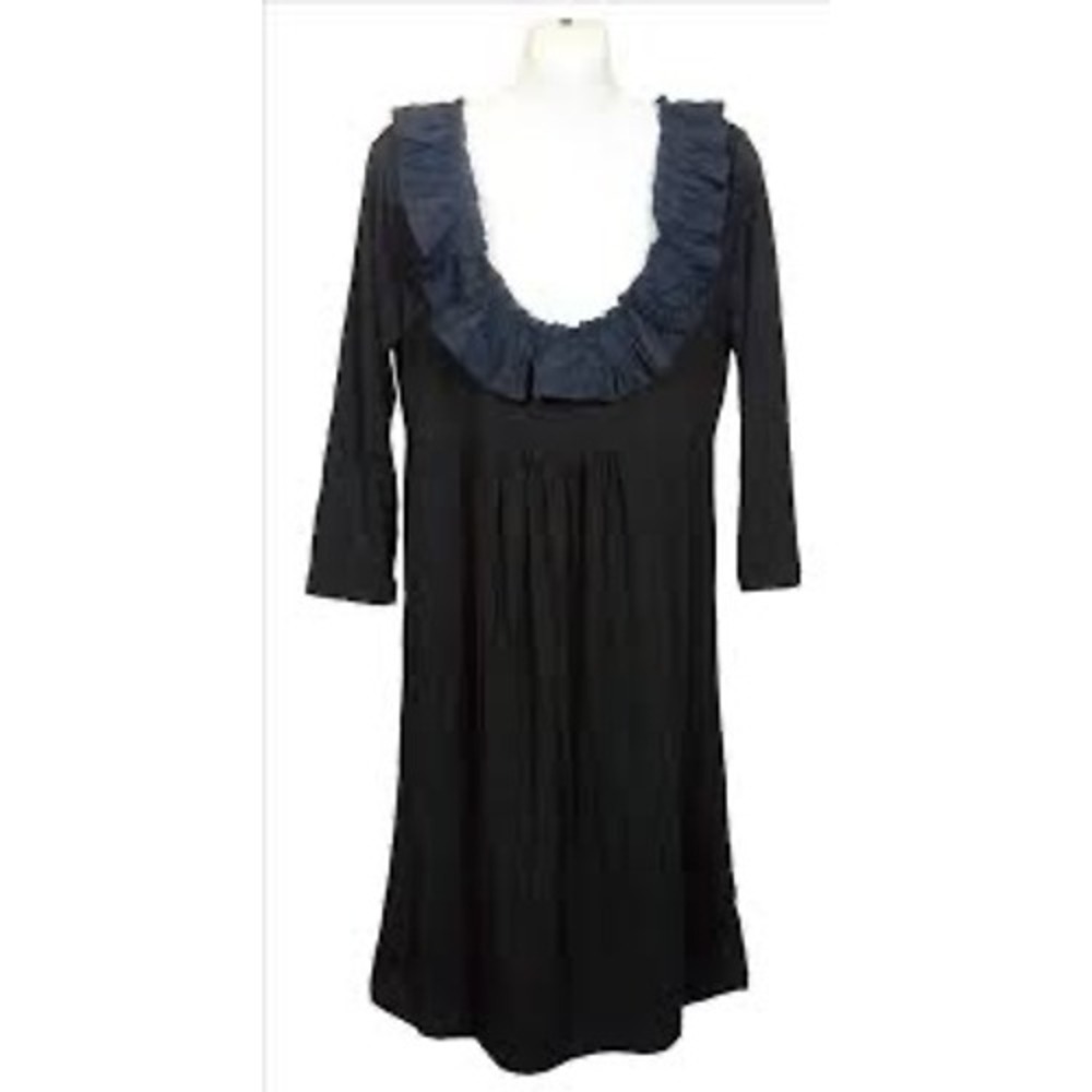 J.Crew Womens Black Ruffle Scoop Neck Empire Waist Dress Rosette  L‎ LBD